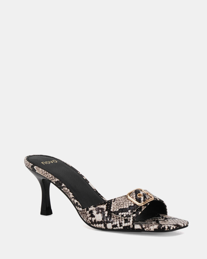 Image of Heels. Product name - Venezia Natural Snake Vegan Heels in Natural Snake colour by brand - Novo