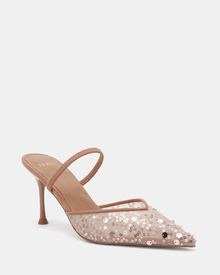 Image of Heels. Product name - Paedyn Camel Vegan Heels in Beige colour by brand - Novo