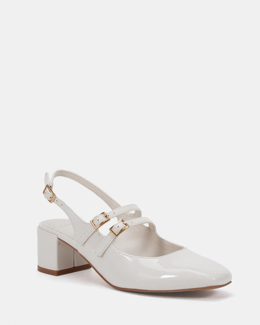 Image of Footwear. Productname: Chimezie: White Patent - Women's Court - Low Heel in White colour by brand - Novo