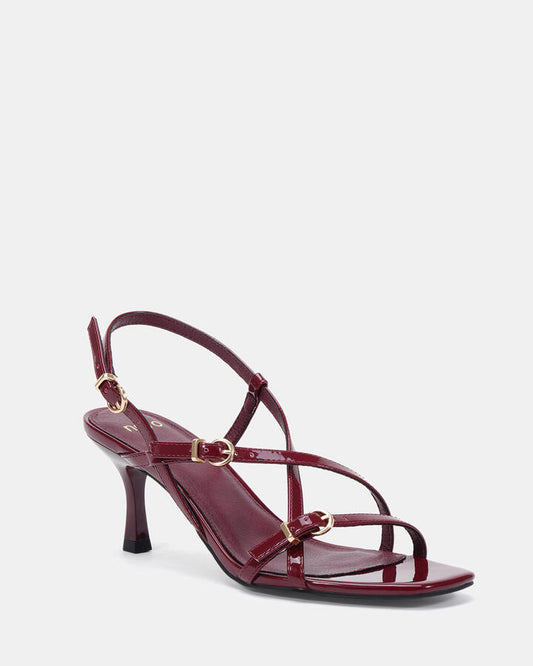 Image of Heels. Productname: Vesper: Deep Red Patent - Women's Strappy - Low Heel in Deep Red Patent colour by brand - Novo