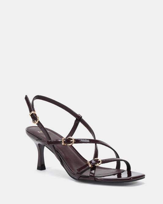 Image of Heels. Productname: Vesper: Espresso Patent - Women's Strappy - Low Heel in Espresso Patent colour by brand - Novo