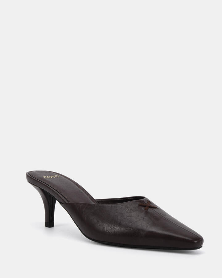 Image of Heels. Product name - Irvine Espresso Vegan Heels in Espresso colour by brand - Novo