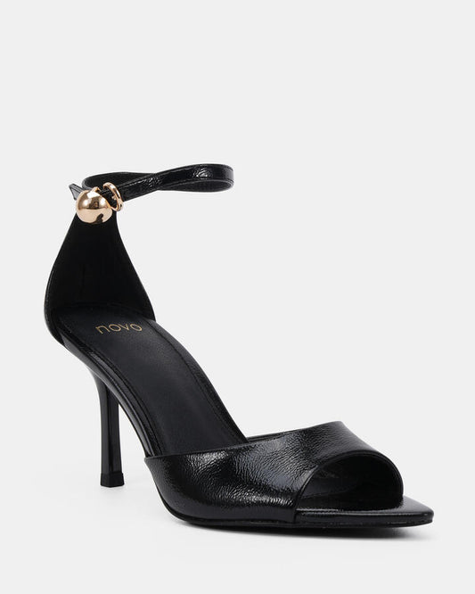 Image of Heels. Productname: Mirayer: Black Crinkle Patent - Women's Strappy - High Heel in Black Crinkle Patent colour by brand - Novo