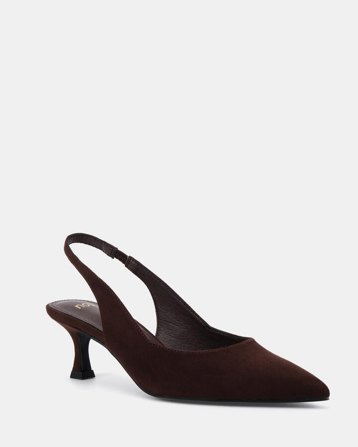 Image of Heels. Product name - Idinna Espresso Suede Low Heels in Espresso Suede colour by brand - Novo