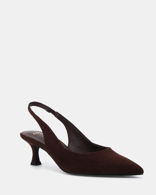Image of Heels. Product name - Idinna Espresso Suede Low Heels in Espresso Suede colour by brand - Novo