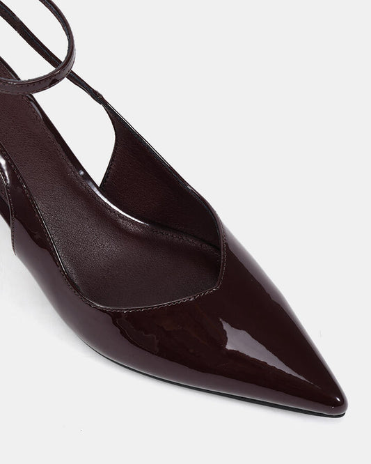Image of Heels. Product name - Itashi Espresso Patent Low Heels in Espresso Patent colour by brand - Novo