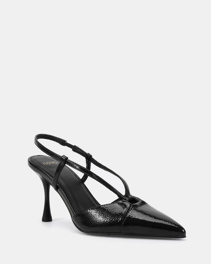 Image of Heels. Product name - Isaiah Black Crinkle Patent Vegan Heels in Black Crinkle Patent colour by brand - Novo