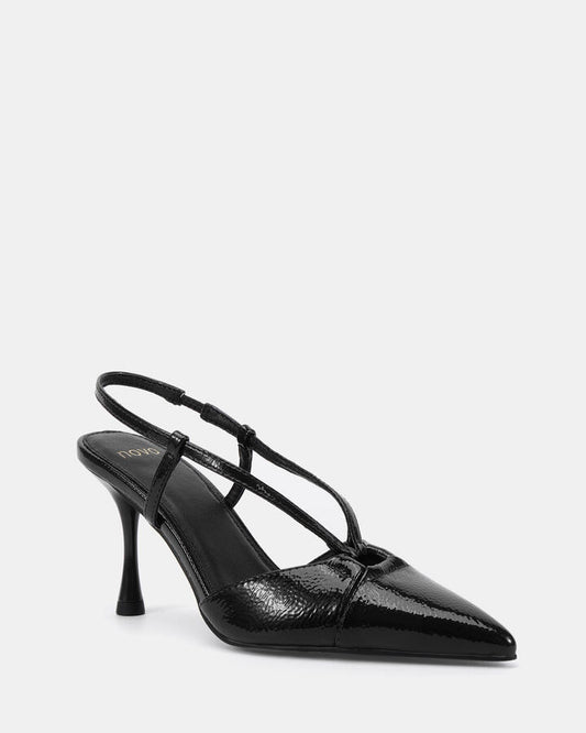 Image of Heels. Product name - Isaiah Black Crinkle Patent Vegan Heels in Black Crinkle Patent colour by brand - Novo