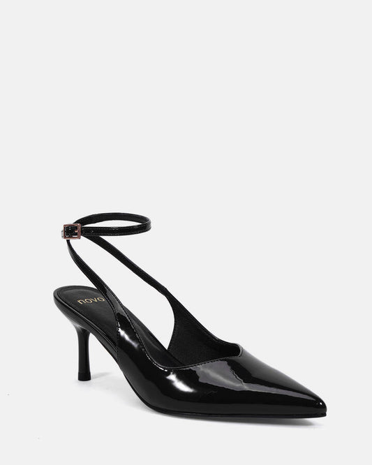 Image of Heels. Product name - Itashi Black Patent Low Heels in Black colour by brand - Novo