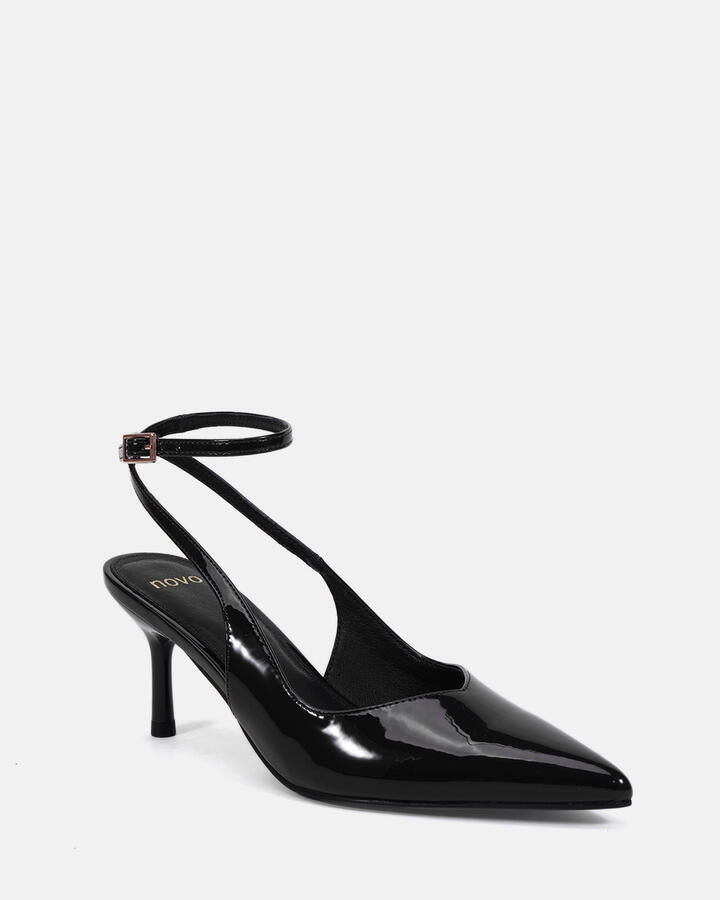Image of Heels. Product name - Itashi Black Patent Low Heels in Black colour by brand - Novo