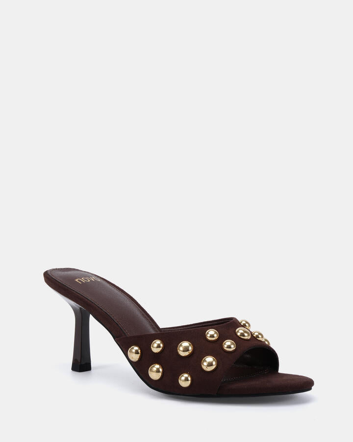 Image of Heels. Product name - Zpells Espresso Vegan Heels in Espresso colour by brand - Novo