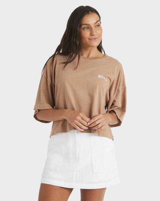 Image of a model wearing Tops. Productname: Roxy Womens Be Easy T-Shirt Wood - in Wood colour by brand - Roxy
