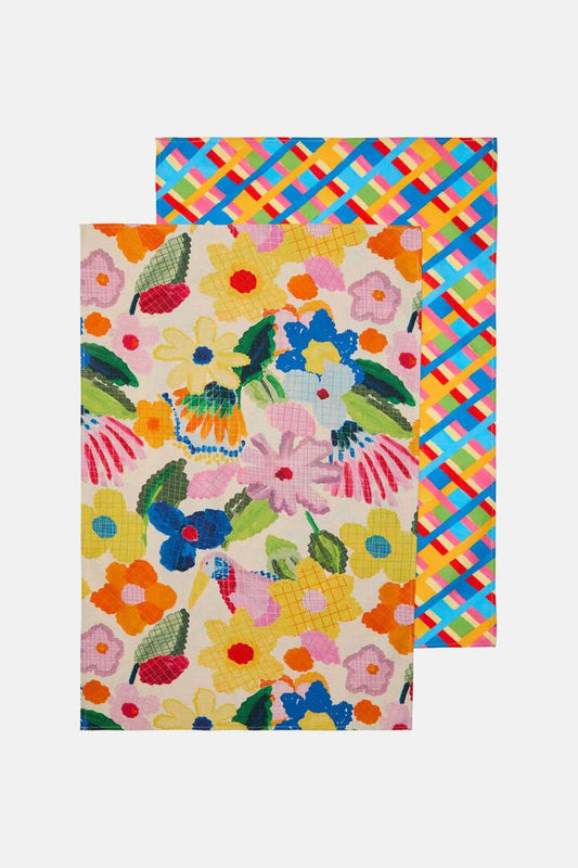 Image of Kitchen & Dining. Productname: Cross Stitch Flower Tea Towel Set in Print colour by brand - Gorman