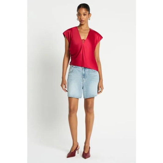 Image of a model wearing Tops. Productname: Rozes Top in Pomegranate colour by brand - sass and bide