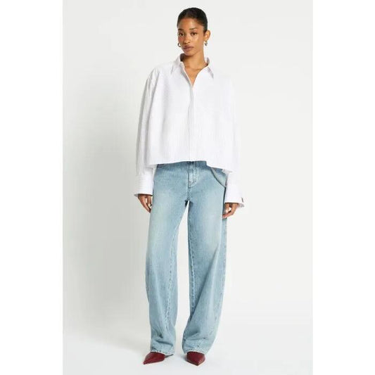 Image of a model wearing Tops. Productname: Parallel Lines Shirt in Stripe colour by brand - sass and bide