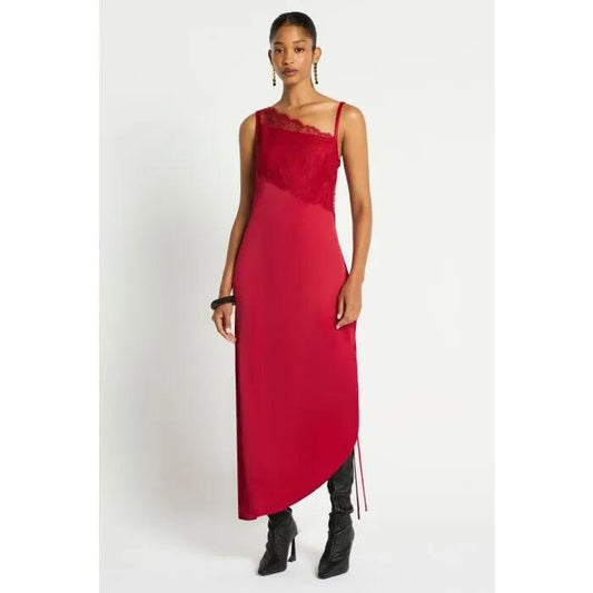 Image of a model wearing Dress. Productname: Rozes Midi Dress in Pomegranate colour by brand - sass and bide