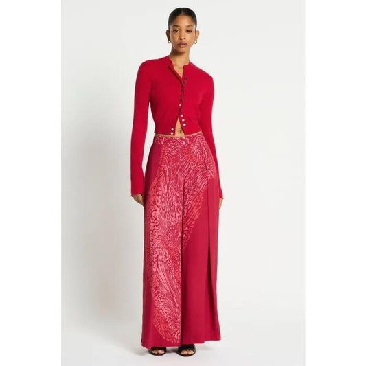 Image of a model wearing Outerwear. Productname: Modi Shrunken Cardi in RHUBARB colour by brand - sass and bide