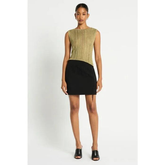 Image of a model wearing Tops. Productname: Raven Metallic Knit Tank in METALLIC BRASS colour by brand - sass and bide