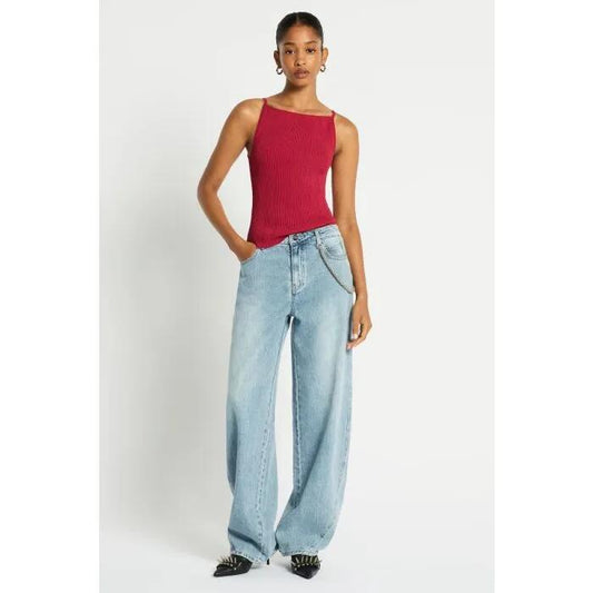 Image of a model wearing Tops. Productname: Dita Square Neck Knit Tank in Pomegranate colour by brand - sass and bide