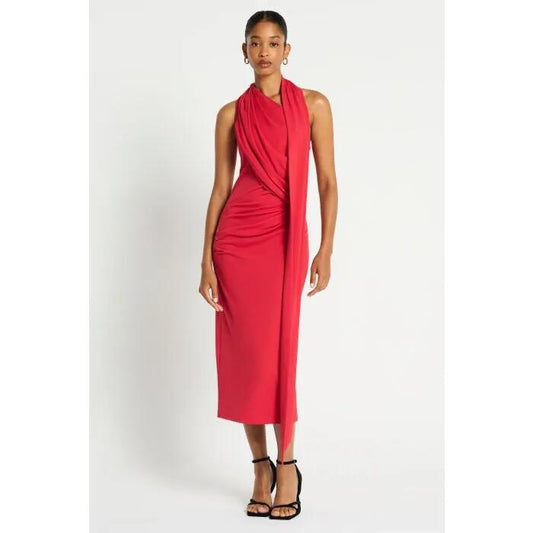 Image of a model wearing Dress. Productname: Monroe Halterneck Dress in RHUBARB colour by brand - sass and bide