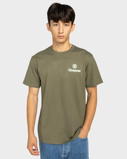Image of a model wearing Tops. Productname: Element - Mens Epic T-Shirt - Kalamata - in Kalamata colour by brand - Element