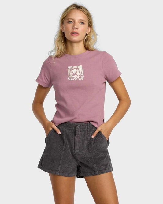 Image of a model wearing Shorts. Productname: RVCA - Womens Daylight Elastic Waist Shorts - Gravel - in Gravel colour by brand - RVCA