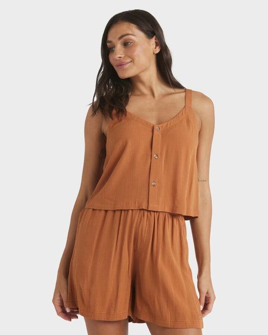 Image of a model wearing Tops. Product name - Roxy Womens Really Love Cami Tank Top Camel in Camel colour by brand - Roxy
