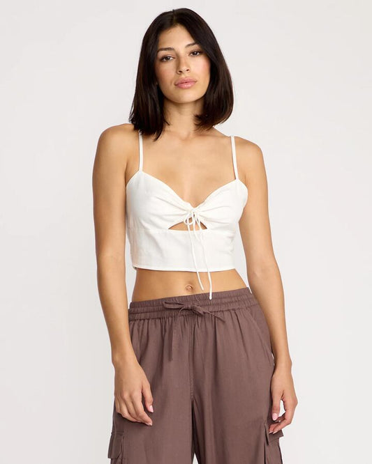 Image of a model wearing Tops. Productname: Volcom Womens Money Mama Cami Tank Top Star White - in Star White colour by brand - Volcom