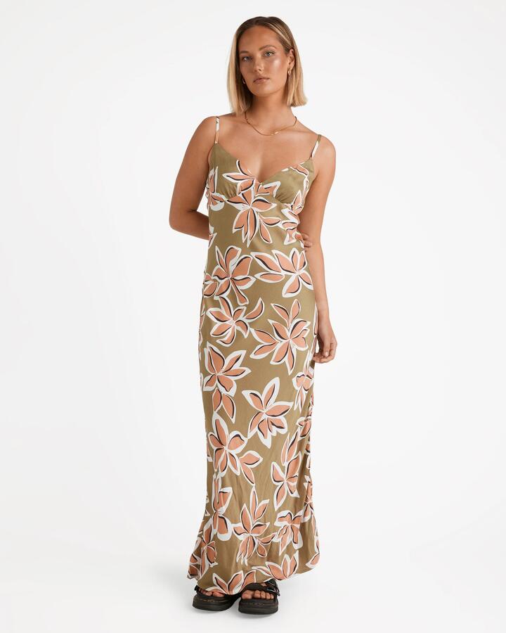 Image of Dresses. Product name - Volcom Womens Psychonic Slippy Maxi Dress Light Army in Light Army colour by brand - Volcom