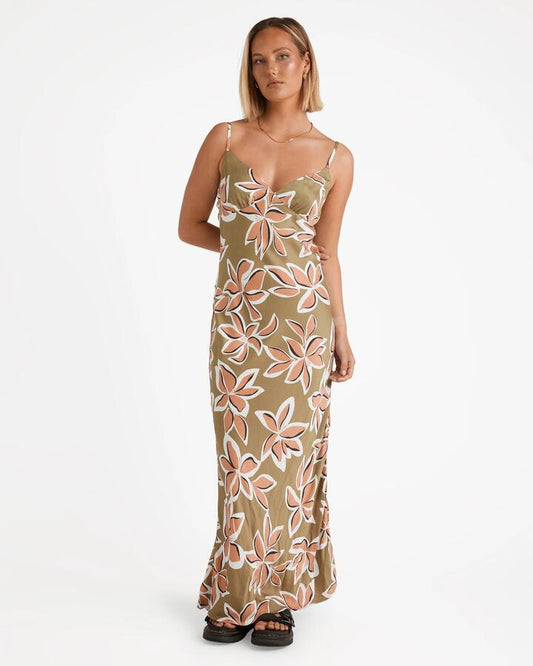 Image of Dresses. Product name - Volcom Womens Psychonic Slippy Maxi Dress Light Army in Light Army colour by brand - Volcom