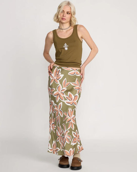 Image of a model wearing Skirts. Productname: Volcom - Womens Psychonic Midi Skirt - Light Army - in Light Army colour by brand - Volcom