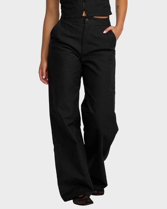 Image of a model wearing Pants. Productname: RVCA - Womens Bonnie Pants - Rvca Black - in Rvca Black colour by brand - RVCA