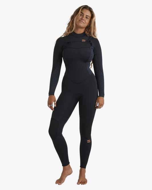 Image of a model wearing Tops. Productname: Billabong - Womens 3/2Mm Synergy Natural Chest Zip Steamer Wetsuit - Black Geo - in Black Geo colour by brand - Billabong