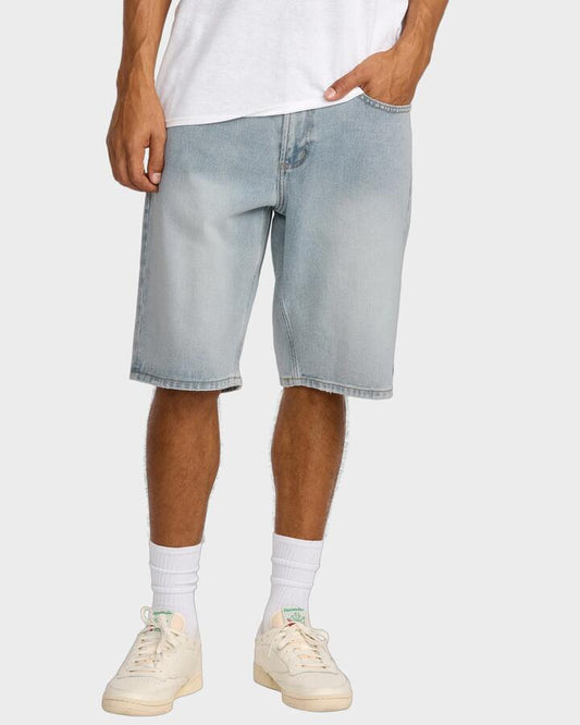 Image of a model wearing Shorts. Product name - RVCA Mens Dayshift Denim Shorts Vintage Blue in Vintage Blue colour by brand - RVCA