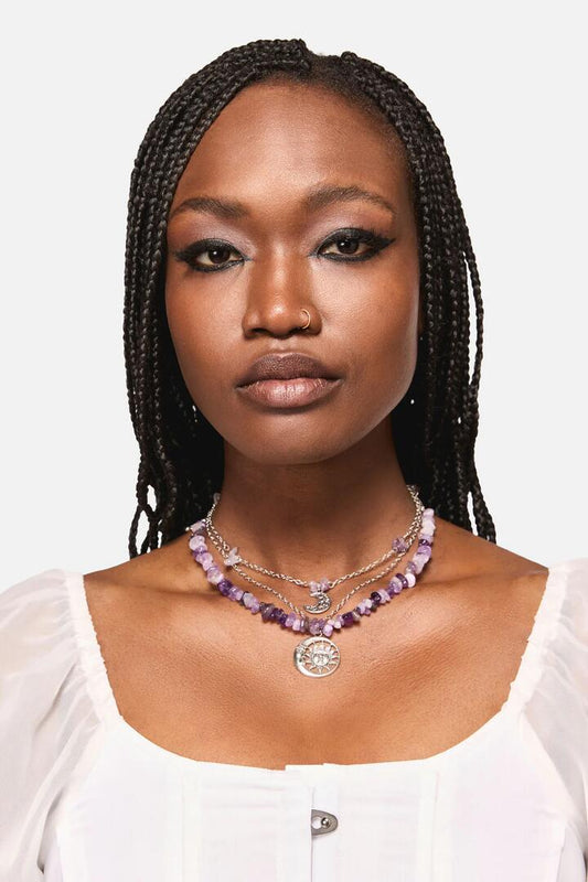 Image of Charms. Productname: Purple & Charm Layered Necklace in Silver colour by brand - Black Friday