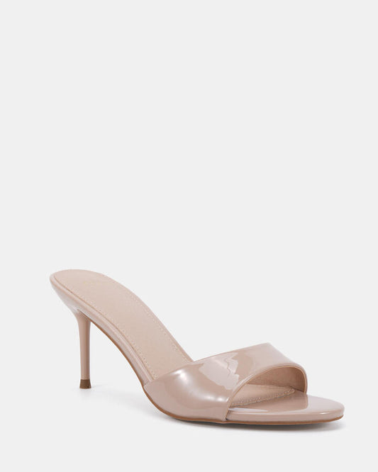 Image of Heels. Product name - Malan Nude Patent Vegan Heels in Beige colour by brand - Novo