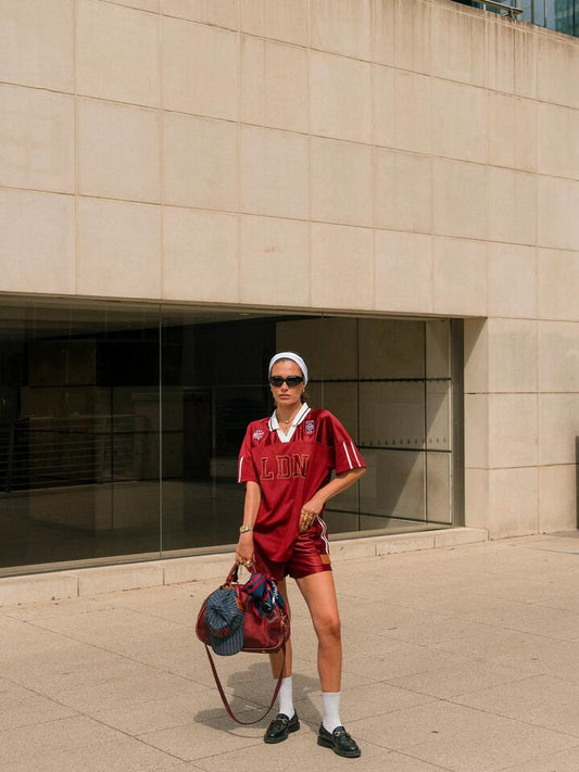 Image of a model wearing Shorts. Productname: Ksubi Derby Short in Garnet colour by brand - Ksubi