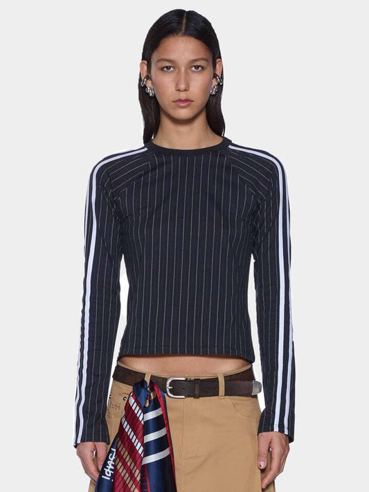 Image of a model wearing Tops. Productname: Ksubi Porter Long Sleeve Top in BLACK PINSTRIPE colour by brand - Ksubi