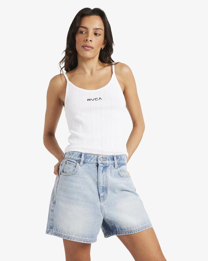 Image of a model wearing Shorts. Productname: RVCA - Womens Coco Denim Shorts - Bleached Indigo - in Bleached Indigo colour by brand - RVCA