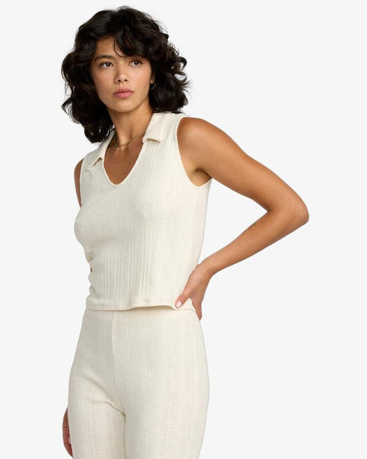 Image of a model wearing Tops. Productname: RVCA - Womens Ava Polo Tank Top - Cloud - in Cloud colour by brand - RVCA