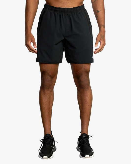 Image of a model wearing Shorts. Productname: RVCA - Mens Yogger Stretch 17" Sports Shorts - Black - in Black colour by brand - RVCA