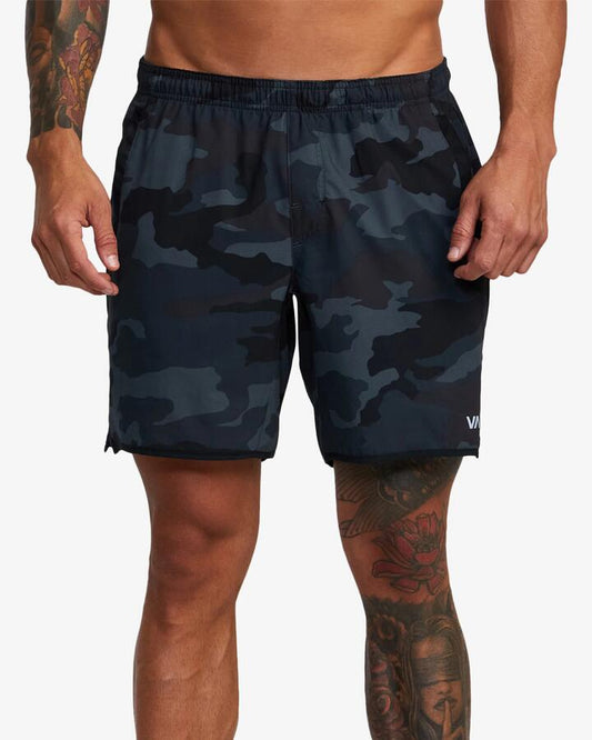 Image of a model wearing Shorts. Productname: RVCA Mens Yogger Stretch 17" Sports Shorts Camouflage - in Camouflage colour by brand - RVCA