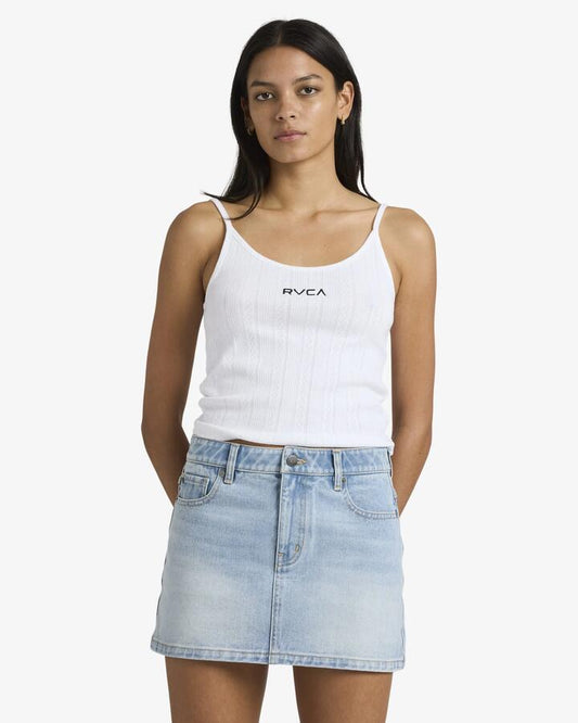 Image of a model wearing Skirts. Productname: RVCA - Womens Denim Mini Skirt - Bleached Indigo - in Bleached Indigo colour by brand - RVCA