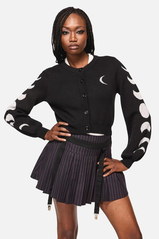 Image of a model wearing Outerwear. Productname: Moon Phase Goth Cardigan in Black colour by brand - Black Friday