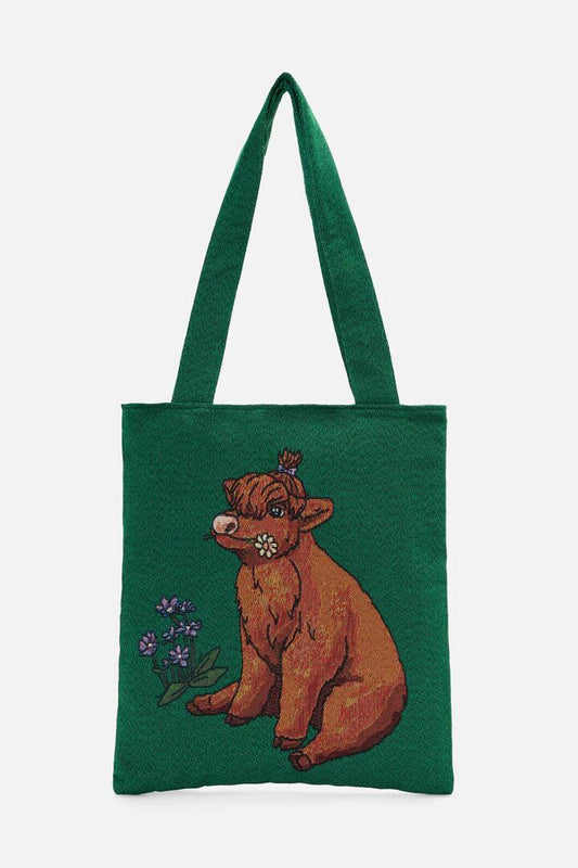 Image of Bags. Productname: Highland Cow Tote in Green colour by brand - Dangerfield