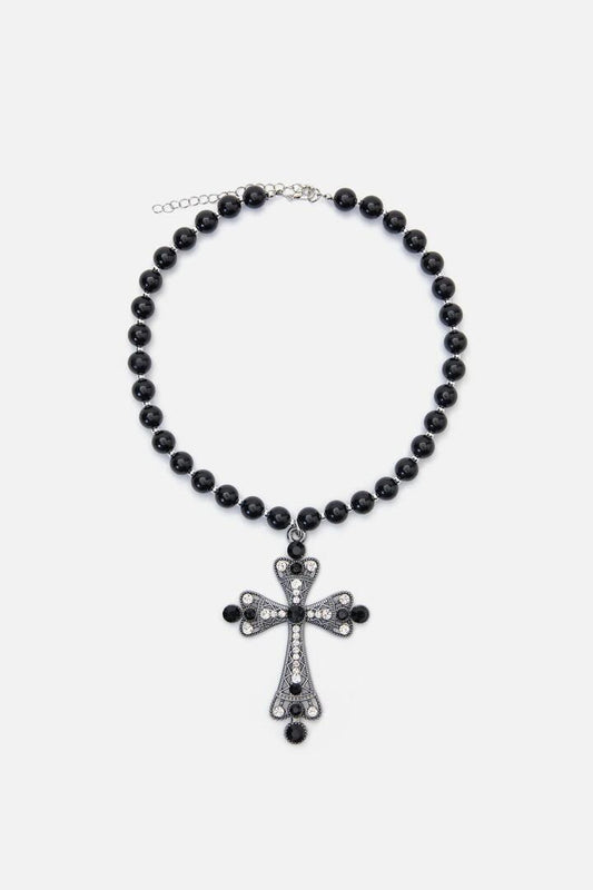 Image of Necklaces. Productname: Gothic Cross Bead Necklace in Black colour by brand - Dangerfield
