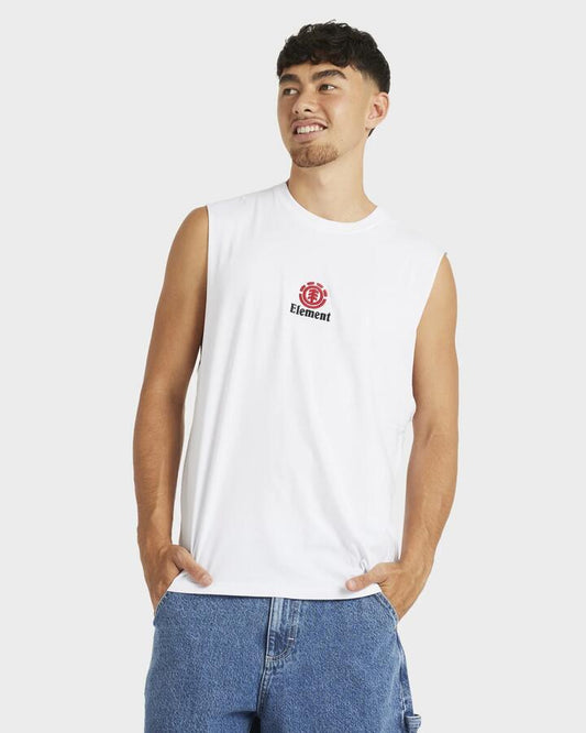 Image of a model wearing Tops. Productname: Element - Mens Canyon Muscle Shirt - Optic White - in Optic White colour by brand - Element