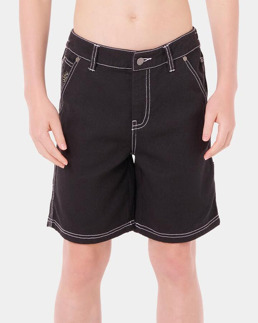 Image of a model wearing Shorts. Product name - Rip Curl Boys 8-16 Hyped Twill Walkshorts Black in Black colour by brand - Rip Curl