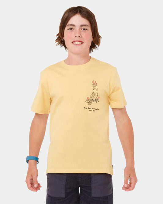 Image of a model wearing Tops. Productname: Rip Curl Boys 8-16 Flamin Galah T-Shirt Washed Yellow - in Washed Yellow colour by brand - Rip Curl