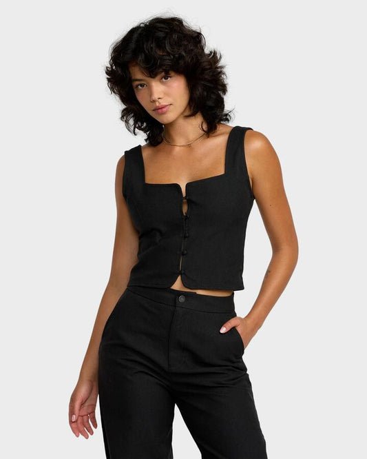 Image of a model wearing Tops. Productname: RVCA Womens Boonie Buttin Thru Tank Top Rvca Black - in Rvca Black colour by brand - RVCA